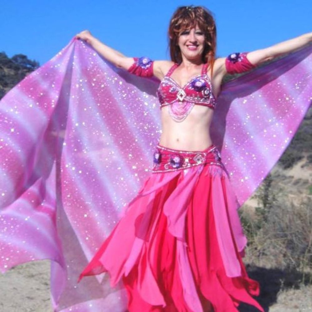 Ameynra Belly Dance Costume, Pink, with sparkly veil. Size S. Full Set, New